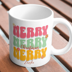 1960s Retro Groovy Pink Merry Christmas Boho Name Mug