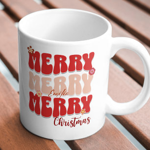 1960s Retro Groovy Red Merry Christmas Boho Name Mug