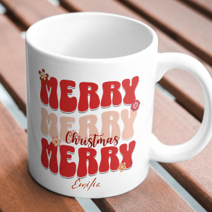 1960s Retro Groovy Red Merry Christmas Boho Name Mug