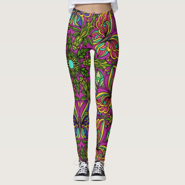 1960s Retro Mandala Design, Neon Colours Leggings (Front)