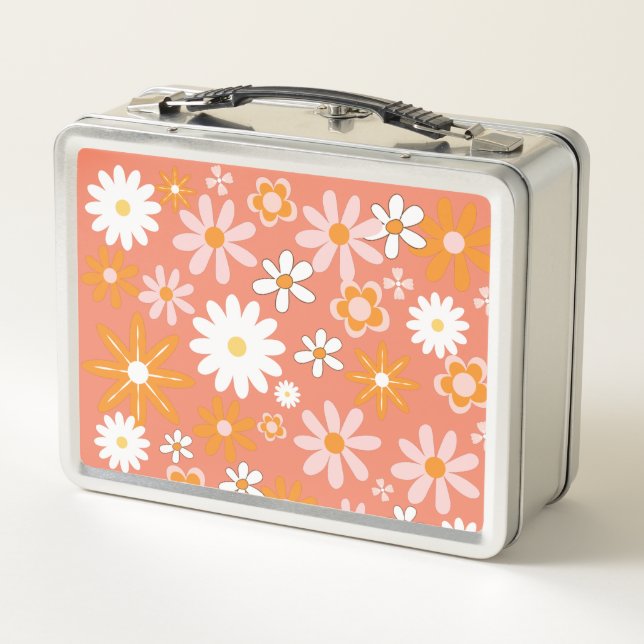 1960s Retro Orange Flower Metal Lunchbox (Back)