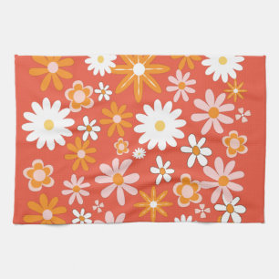 1960s Retro Orange Flower Power Kitchen Tea Towel