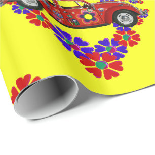 1960's Theme Flowers and Car Wrapping Paper