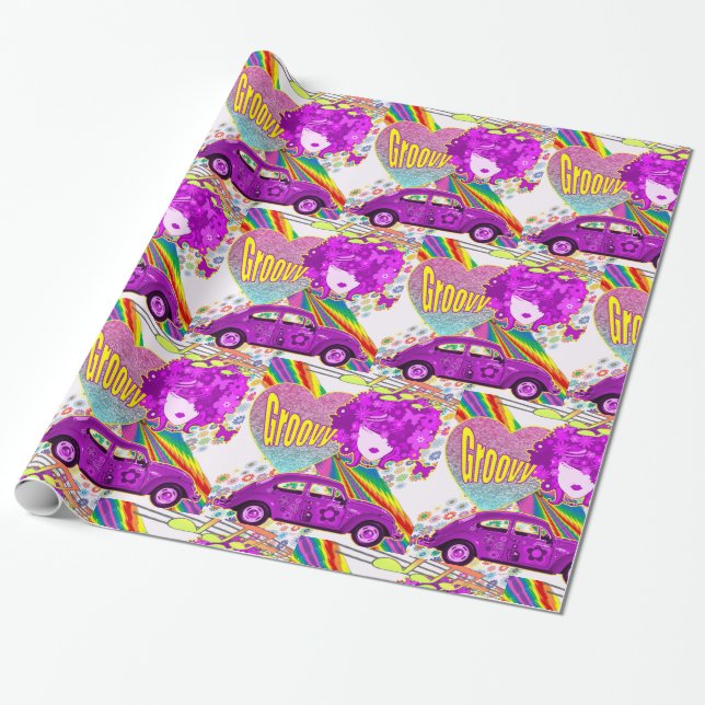 1960's Theme Groovy Girl Party Birthday Wrapping Paper (Unrolled)