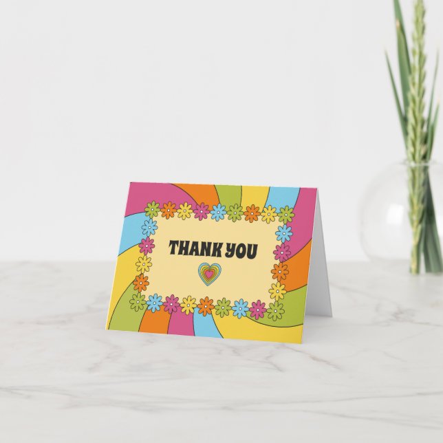 1960s Themed Flowers, Waves and Hearts Thank You Card (Front)