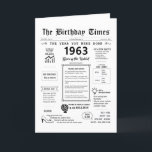 1963 The Year You Were Born Birthday Card<br><div class="desc">Take a journey back in time with our captivating 1963 birthday card! Brimming with historical moments and thrilling facts, it's custom-crafted for your special day. This birthday card is filled with insights and snapshots of life during that time. From noteable events like the first ATM, first handheld calculator, and the...</div>