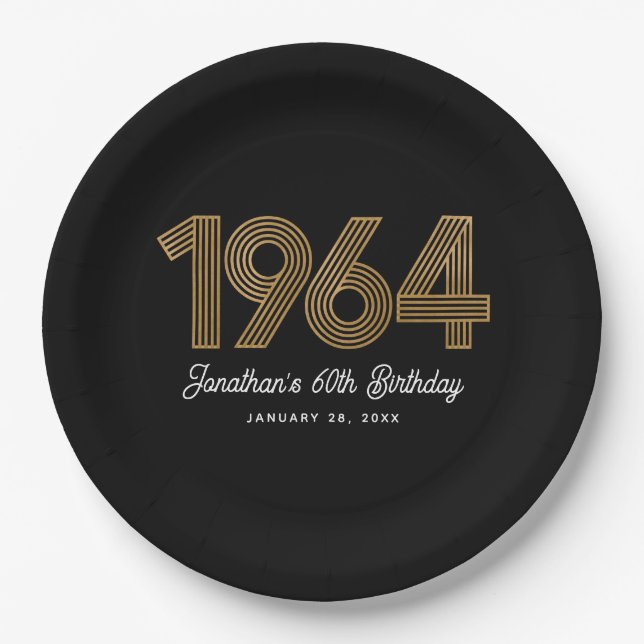 1964 Black Faux Gold 60th Birthday  Paper Plate (Front)
