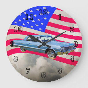 1964 Chevrolet Impala Car And American Flag Large Clock