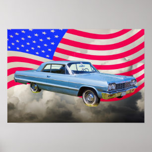 1964 Chevrolet Impala Car And American Flag Poster