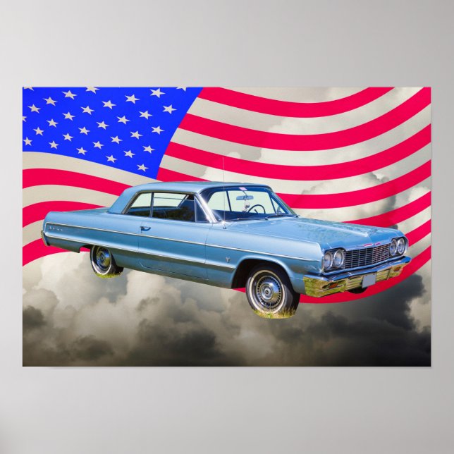 1964 Chevrolet Impala Car And American Flag Poster (Front)
