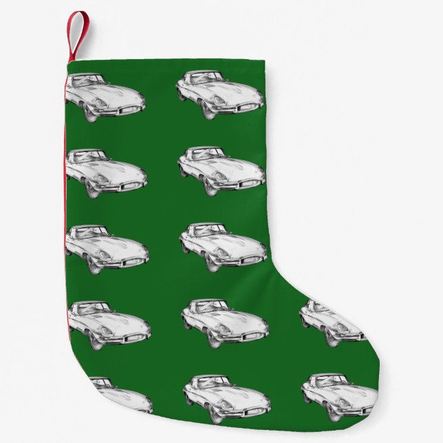 1964 Jaguar XKE Antique Sports Car Illustration Small Christmas Stocking (Front)