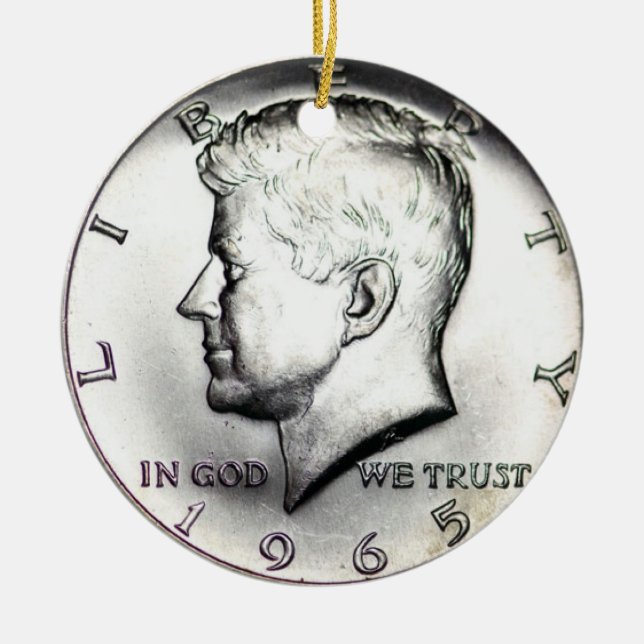 1965 Kennedy Half Dollar Ornament. Ceramic Tree Decoration (Front)