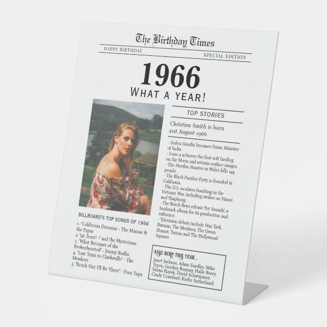 1966 Birthday Newspaper Tabletop Pedestal Sign (Front)