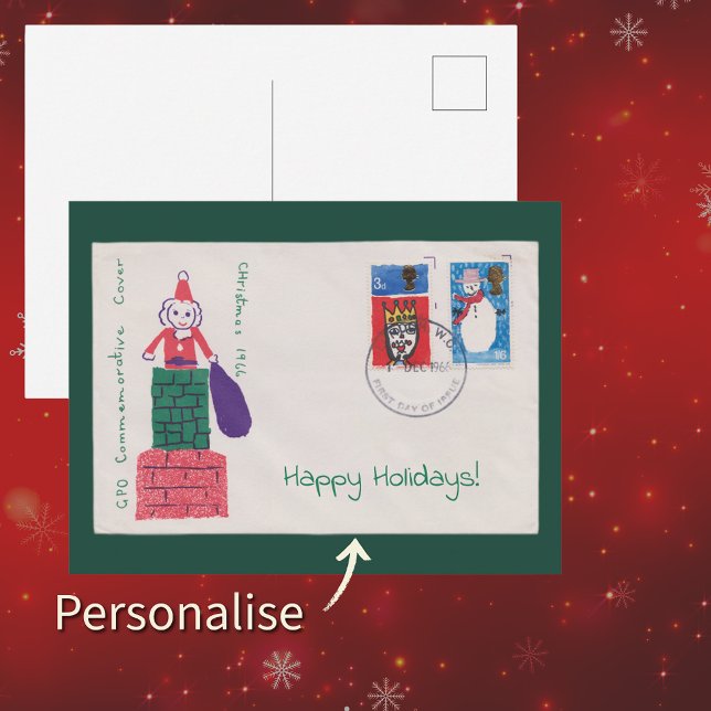 1966 Christmas First Day Cover | Antique Holiday Postcard (Vintage 1966 Christmas Royal Mail Postage Stamps Children Holiday Ilustrations Snail Mail Xmas Card)