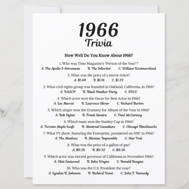 1966 Trivia Game | 59th Birthday Party Game (Front)