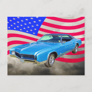 1967 Buick Riviera Muscle Car And American Flag Postcard