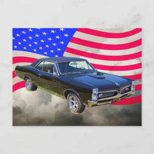 1967 Pontiac GTO and American Flag Postcard