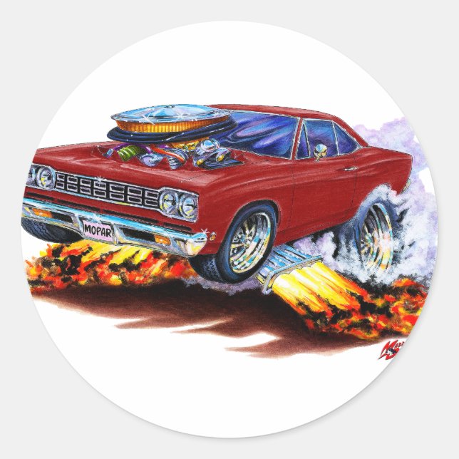1968-69 Roadrunner Maroon Car Classic Round Sticker (Front)