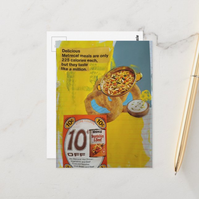 1968 meals coupon mixed media collage  postcard (Front/Back In Situ)