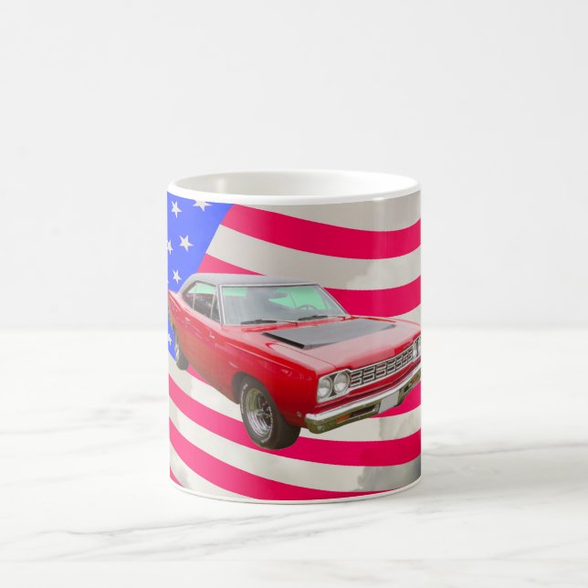 1968 Plymouth Roadrunner And American Flag Coffee Mug (Center)