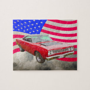 1968 Plymouth Roadrunner And American Flag Jigsaw Puzzle