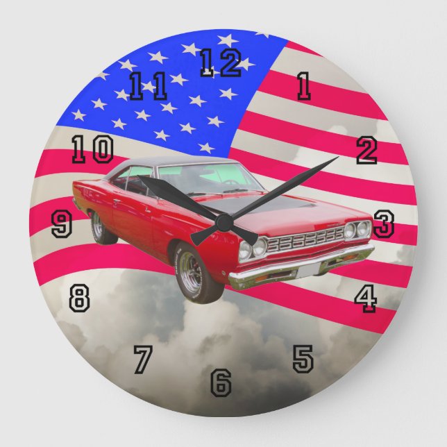 1968 Plymouth Roadrunner And American Flag Large Clock (Front)