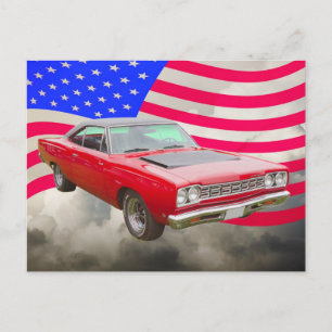 1968 Plymouth Roadrunner And American Flag Postcard