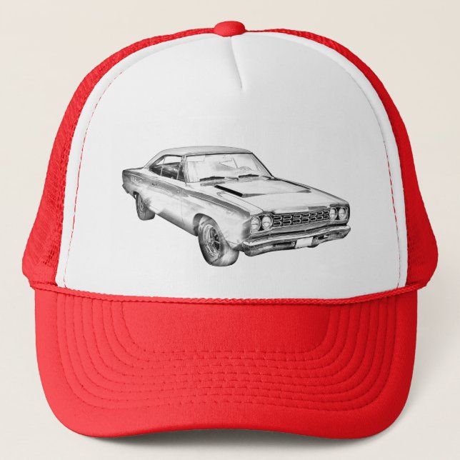 1968 Plymouth Roadrunner Muscle Car Illustration Trucker Hat (Front)