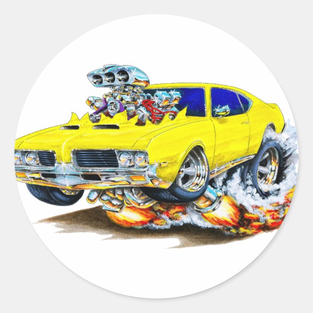 1969 Olds Cutlass Yellow Car Classic Round Sticker (Front)