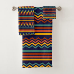 1970s Colourful Retro horizontal Stripes and zigza Bath Towel Set