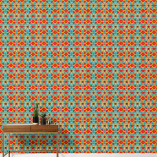 1970s Flower Tile Motif: Enamel Look Floral Tiling Wallpaper