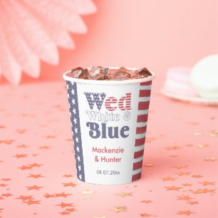 1970s Font Wed White Blue Couples Wedding Shower Paper Cups