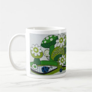 1970s GREEN mushrooms with blue ladybugs Coffee Mug