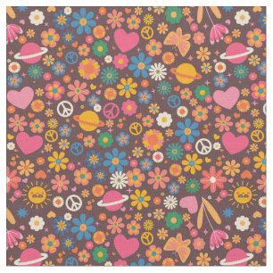 1970s groovy peace sign planet retro hippie brown fabric