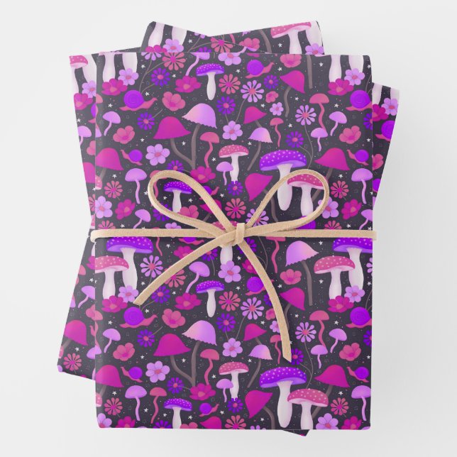 1970s Mushrooms Psychedelic Pink, Purple & Black Wrapping Paper Sheet (In situ)