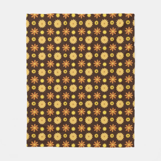 1970s Retro Brown Orange Yellow Floral Pattern Fleece Blanket (Front)
