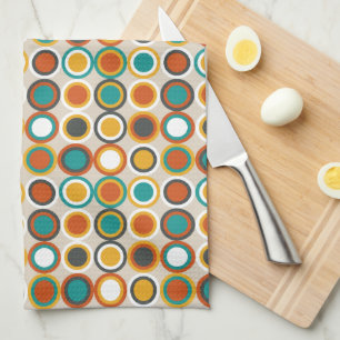1970s Retro Circles Pattern Orange Brown Teal Tea Towel