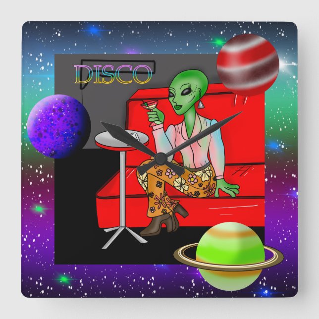 1970's Retro Extraterrestrial in Disco Lounge Square Wall Clock (Front)