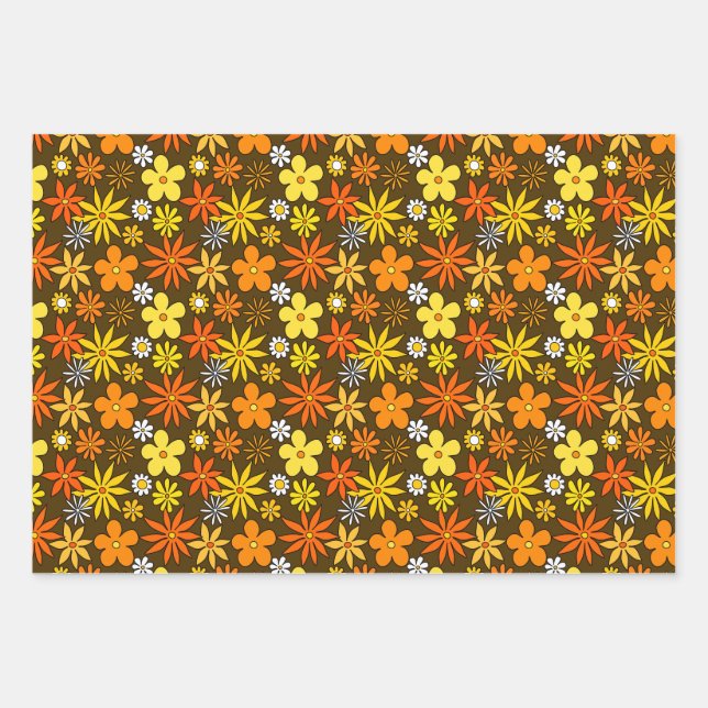 1970s Style Floral Pattern Wrapping Paper Set (Front)