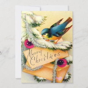 1970s Vintage Christmas Blue Bird On A Tree Holiday Card