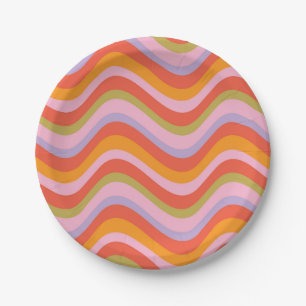 1970s Wavy Stripes, Orange Pink Red Purple Green Paper Plate