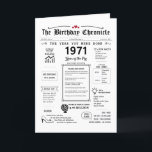 1971 The Year You Were Born Birthday Card<br><div class="desc">Step into the past with our captivating 1971 birthday card! Overflowing with historical moments and fascinating facts from 1971, it's custom-crafted for your special day. This birthday card is packed with insights and snapshots of life during that time. From iconic events like the disco fever and streaking craze to groundbreaking...</div>