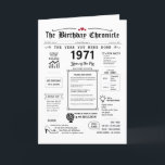 1971 The Year You Were Born Birthday Card<br><div class="desc">Step into the past with our captivating 1971 birthday card! Overflowing with historical moments and fascinating facts from 1971, it's custom-crafted for your special day. This birthday card is packed with insights and snapshots of life during that time. From iconic events like the disco fever and streaking craze to groundbreaking...</div>