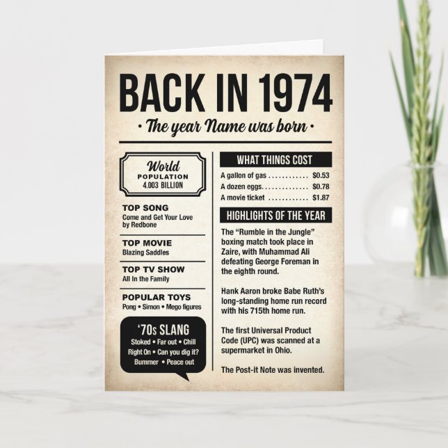 1974 Back in the Day, Fun Facts Birthday Card (Front)
