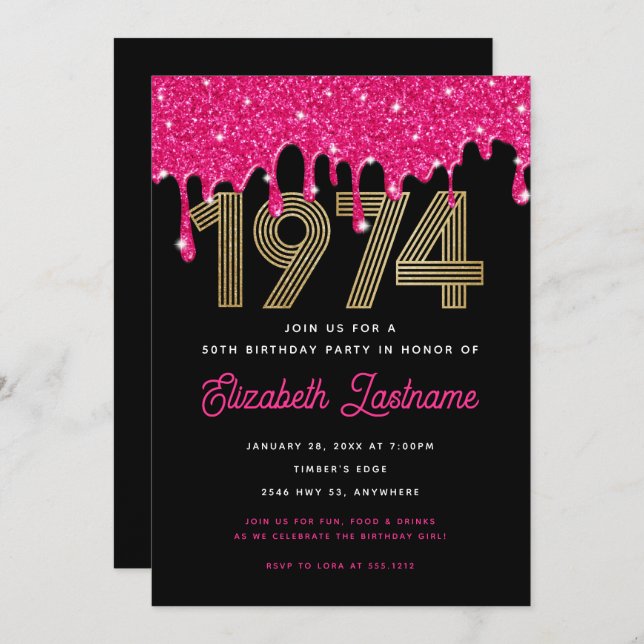 1974 Pink Glitter Drip 50th Birthday Invitation  (Front/Back)