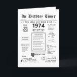 1974 The Year You Were Born Birthday Card<br><div class="desc">Forget the ordinary birthday card! Our 1974 greeting card is a groovy gateway to the past. It's packed with fascinating facts, from major moments (disco fever!) to hidden gems (the first cellphone!). Dive deeper with details on everyday life in 1974 - explore iconic trends (think platform shoes and afros!), slang...</div>