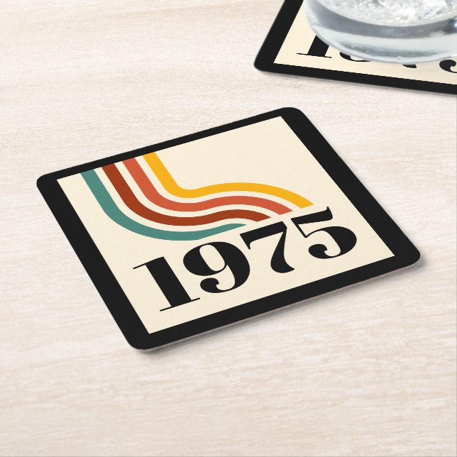 1975 Retro Stripe Vintage Poster Square Paper Coaster (Angled)
