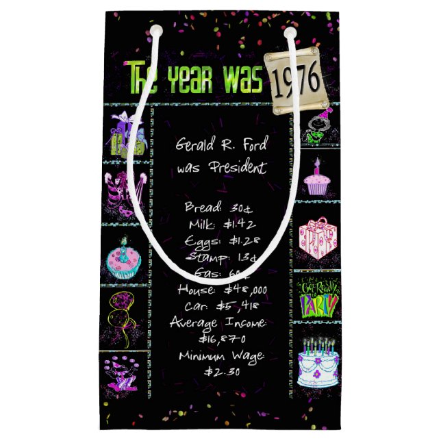 1976 Birth Year Trivia on Black Small Gift Bag (Front)