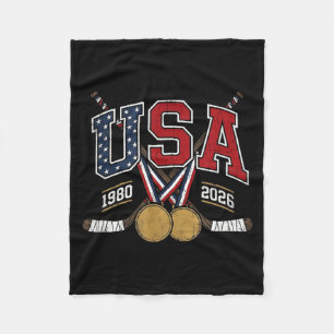1980 And 2026 Hockey Vintage Usa Crossed Sticks Fleece Blanket