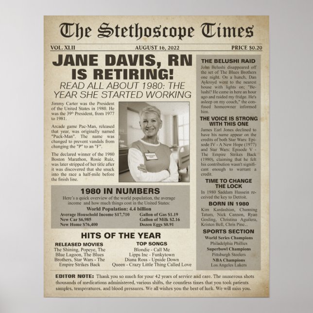 1980 Stethoscope Times for Nurse Retirement Party  Poster (Front)